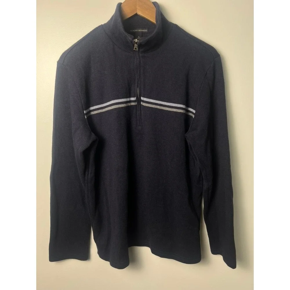 Banana Republic 1/4 Zip Sweater Men M Navy Blue Striped Cotton Pullover Preppy